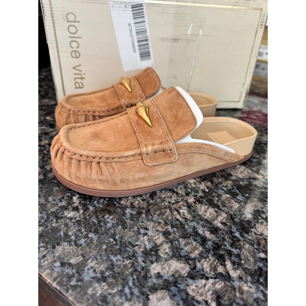 Dolce Vita Jodero Mules Light Brown Suede Loafer Flats Gold slippers Sz 6